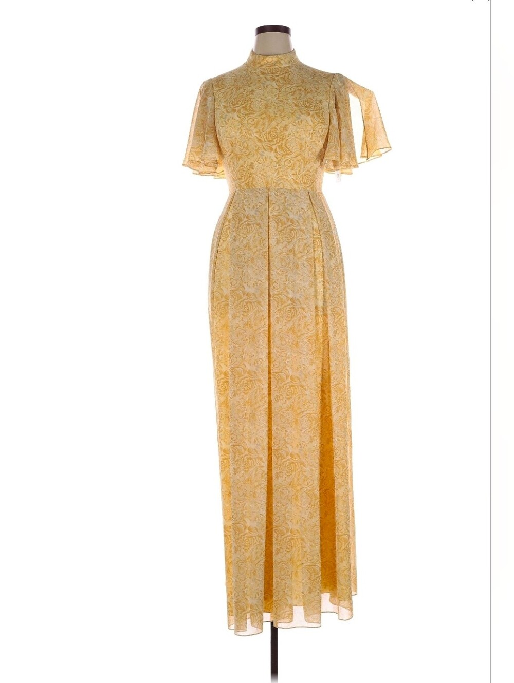 Mikael Aghal Yellow Floral High-Neck Flutter Sleeve Maxi Dress Size 8